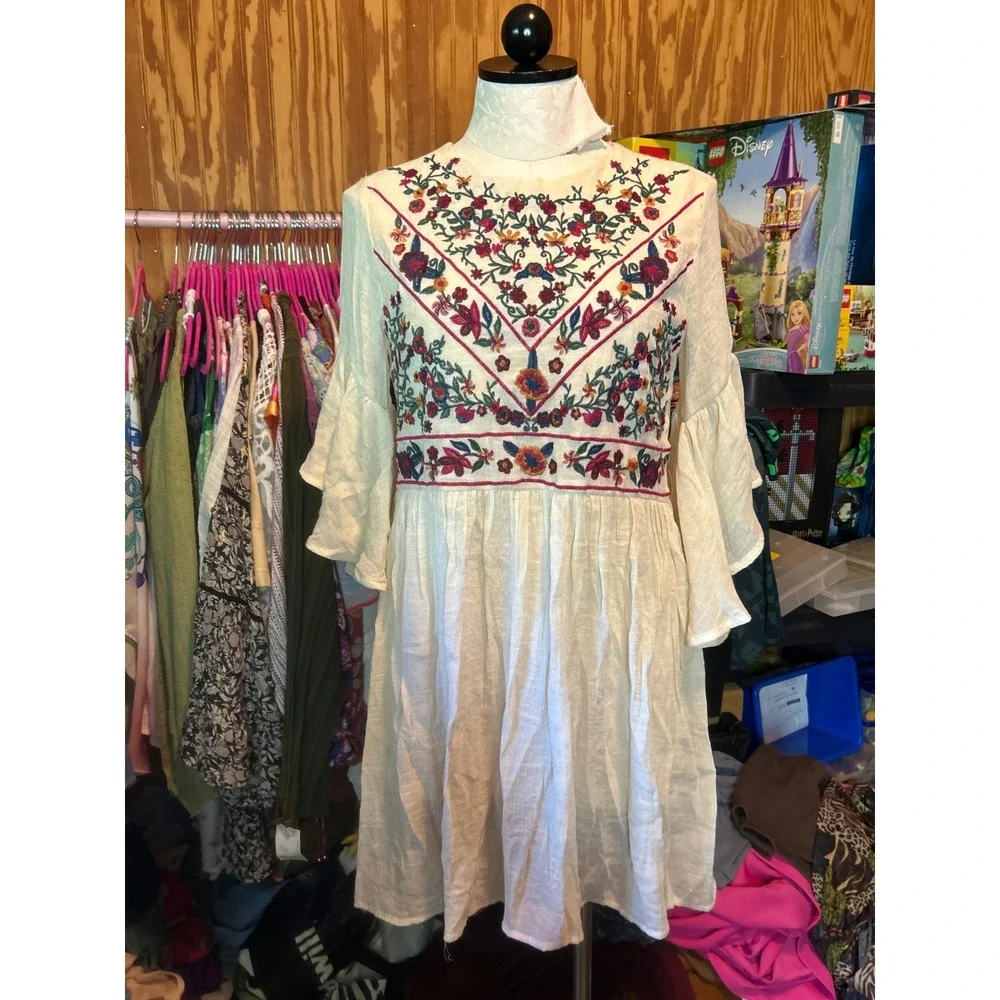 Umgee Boho Floral Embroidered‎ Bell Sleeve Mini Dress Cream Ivory Babydoll Sz S